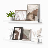 Heimlove front view of 24-inch white picture ledge showing neat frame display and tidy storage