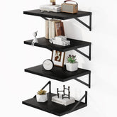 Heimlove front view of four black floating shelves showing sleek storage benefit