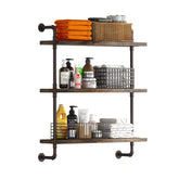 Helsin front view of 24-inch pipe shelf shows rustic storage and space-saving benefit
