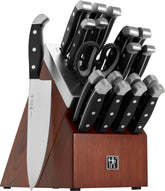 HENCKELS 20-piece set front view showing knives and elegant ash wood block benefit sharp readiness
