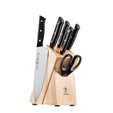 HENCKELS front view showing full 7-piece set and hardwood block for neat storage