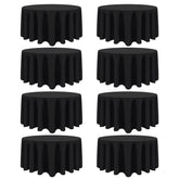 Heneger front packaging showing eight black round tablecloths for quick setup