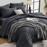 HEVUMYI comforter front view showing dark grey finish and neat stitching for style