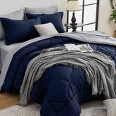 HEVUMYI front view of packaged comforter set showing complete contents and convenience