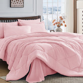 HEVUMYI front packaging showing pink comforter set and included pieces for easy purchase