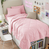 HEVUMYI front packaging showing pink Twin XL bed set and included pieces for easy purchase