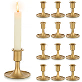Hewory front view of 12 gold candlestick holders showing elegant set benefit