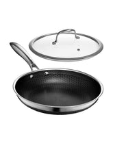 HexClad front view of 10-inch pan showing hybrid finish and lid for versatile cooking