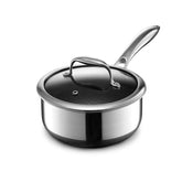 HexClad 2QT saucier front view showing finish and lid, durable and sleek
