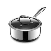 HexClad 3QT saucier front view with lid showing compact design and versatility