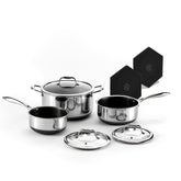 HexClad front view showing three pots and two trivets for versatile cooking