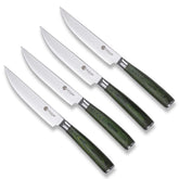 HexClad front view of four green-handled steak knives showing elegant profile and balance