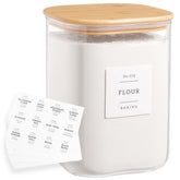 HHMJSM front view of glass canister set showing clear jars and bamboo lids for stylish storage