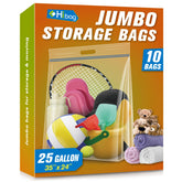 HIBAG front packaging showing ten clear jumbo bags for visible organization