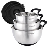 Hillbond black stainless steel mixing bowls set front view showing lids and nested storage benefit