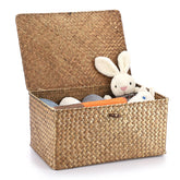 Hipiwe front view of coffee seagrass basket showing neat storage and warm color