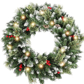 HipTree front door wreath hung with bright welcoming lights