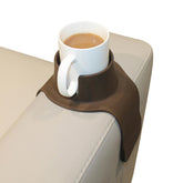 HIT PRODUCTS CouchCoaster front view showing mocha brown cup holder and stable wall