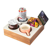 Hitseon front view of couch caddy showing organized drink and snack placement for convenience