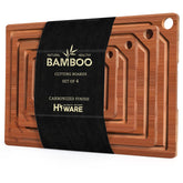 HIWARE front view of four bamboo cutting boards showing sizes and finish for versatile prep