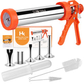HK jerky gun front view showing polished stainless steel and handle for durable use