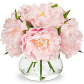 Hollyone front view of pink peonies in glass vase showing instant decor upgrade