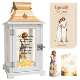Homazing lantern front angle showing embrace figurine and warm glow benefit