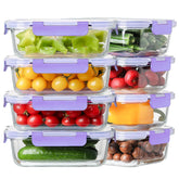HOMBERKING front view of 8-pack glass containers showcasing lids and size for organized meal prep