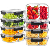 HOMBERKING front view of eight glass meal prep containers showing clear glass and lids for easy meal organization
