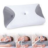 HOMCA front view of pillow showing contoured shape and mask space for comfortable support