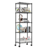 Homdox front view of 5-tier shelving shows tall compact storage benefit