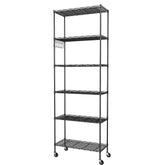 Homdox front view of 6-tier black shelving unit showing storage benefit