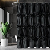 Homechoice Decor front view of black ruffled shower curtain showing elegant style and privacy