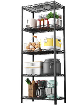 HOMEFORT front view of 5-tier shelving rack showing sturdy black finish and footprint benefit
