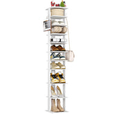 HOMEFORT front view of white corner shoe tower showing tidy storage benefit