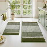 HOMEIDEAS front view of sage green striped rug set showing style and fit