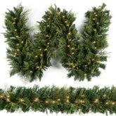 HomeKaren front view of 9 ft garland showing full prelit decoration and inviting glow
