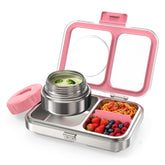 HOMEKOL front view of pink stainless lunch box showing compact design and portability