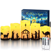 Homemory front packaging showing five nativity LED candles with elegant box for gifting