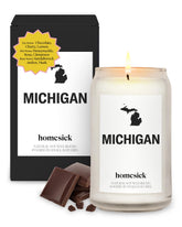 Homesick Michigan candle front jar view showing label and warm appeal