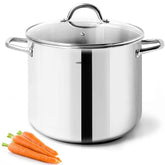 HOMICHEF 10 quart stock pot front view showing mirror-polished exterior and capacity benefit