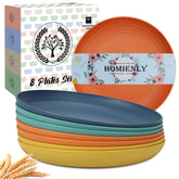 Homienly front packaging showing eight colorful 11-inch plates, durable set benefit