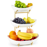 HOMKULA front view of three tier ceramic fruit basket showing compact display and style