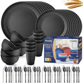 Hommaly front view of full black 64-piece dinnerware set showing complete package benefit