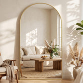 Homsion arched mirror front view shows full-length reflection and elegant gold frame