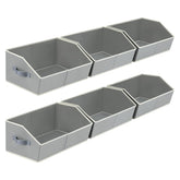 Homsorout front view of six grey bins showing neat shelf organization and easy access