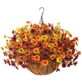 Homsunny front view of assembled fall hanging basket showing full seasonal display