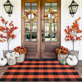 Homydecor rug front view showing orange black plaid and welcoming entry benefit