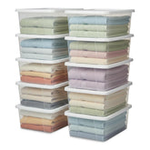 HOMZ front view of 10 pack showing clear bins and white snaplock lids, tidy storage benefit
