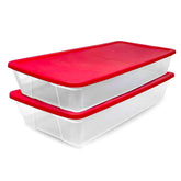 HOMZ holiday tote front view showing clear bin and red lid for easy identification and access